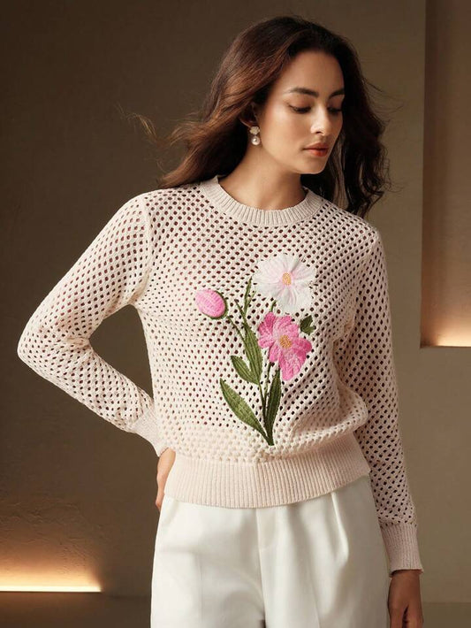 CM-CS497460 Women Elegant Seoul Style Floral Embroidery Hollow Out Crew Neck Long Sleeve Sweater - White
