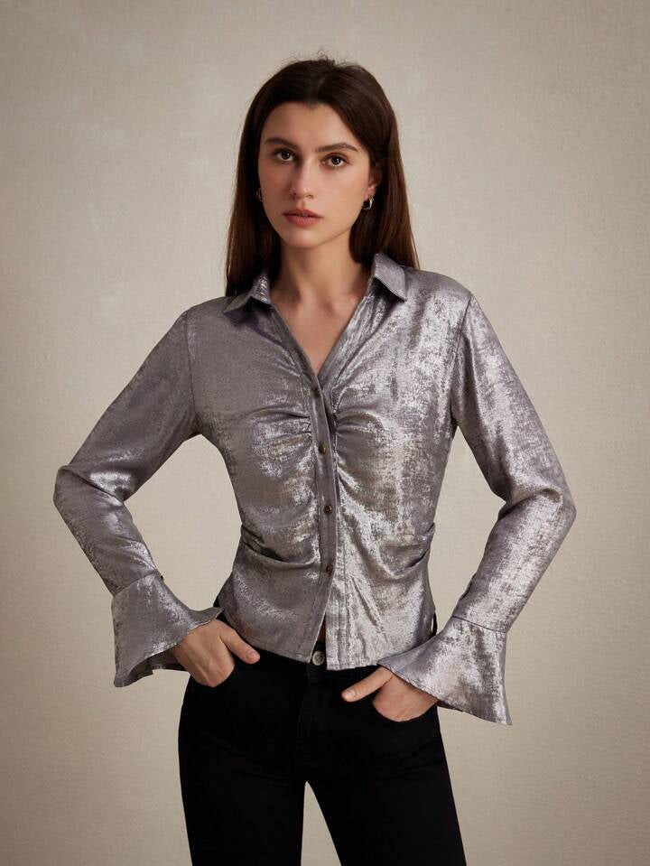 CM-TS271942 Women Elegant Seoul Style Shiny Metallic Gloss Flared Sleeve Shirt - Silver