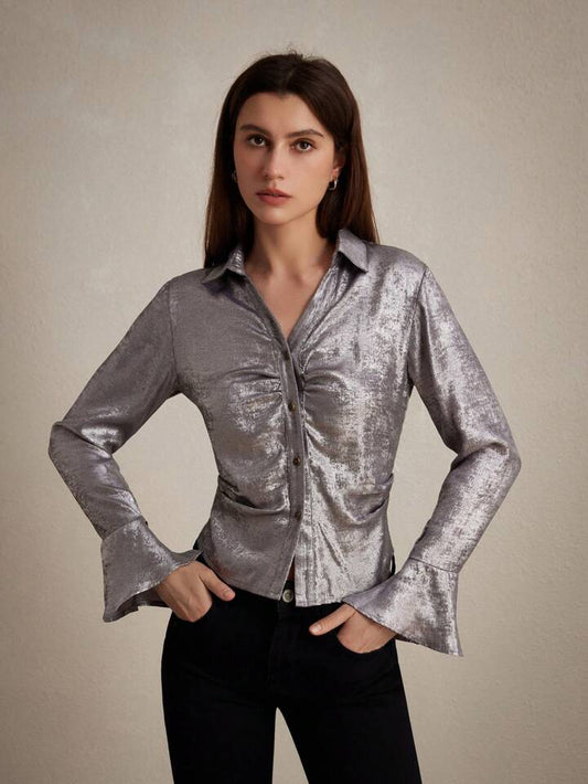 CM-TS271942 Women Elegant Seoul Style Shiny Metallic Gloss Flared Sleeve Shirt - Silver