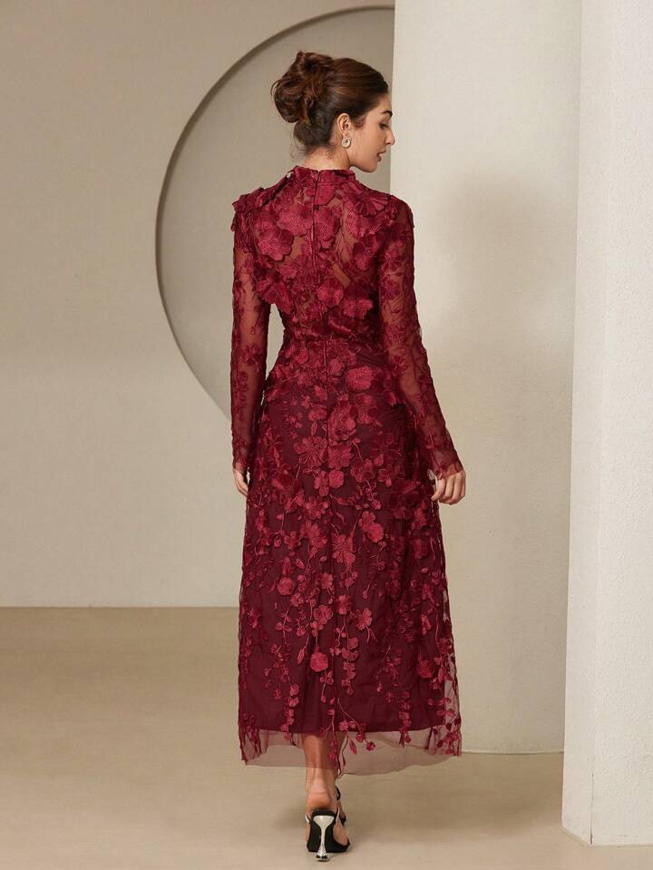 CM-DS735113 Women Elegant Seoul Style Stand Collar Cinched Waist 3D Floral Embroidery Dress - Red Violet