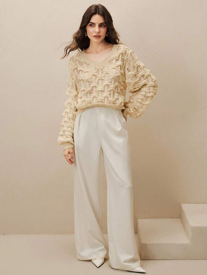 CM-CS012624 Women Elegant Seoul Style Faux Pearl Decor Hollow V-Neck Loose Long Sleeve Sweater - Apricot