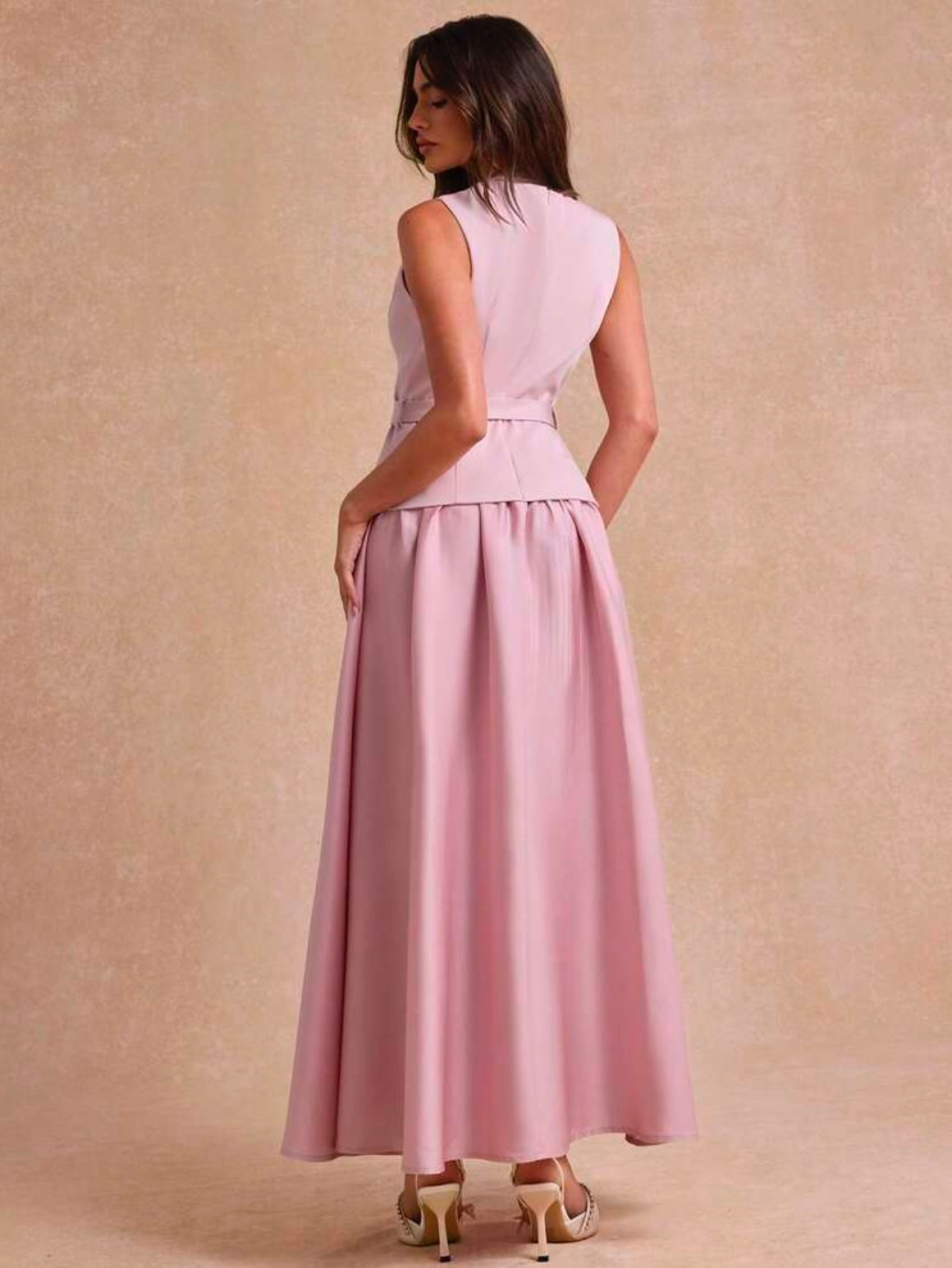 CM-DS787258 Women Elegant Seoul Style Round Neck Sleeveless Appliques A-Line Long Dress - Pink