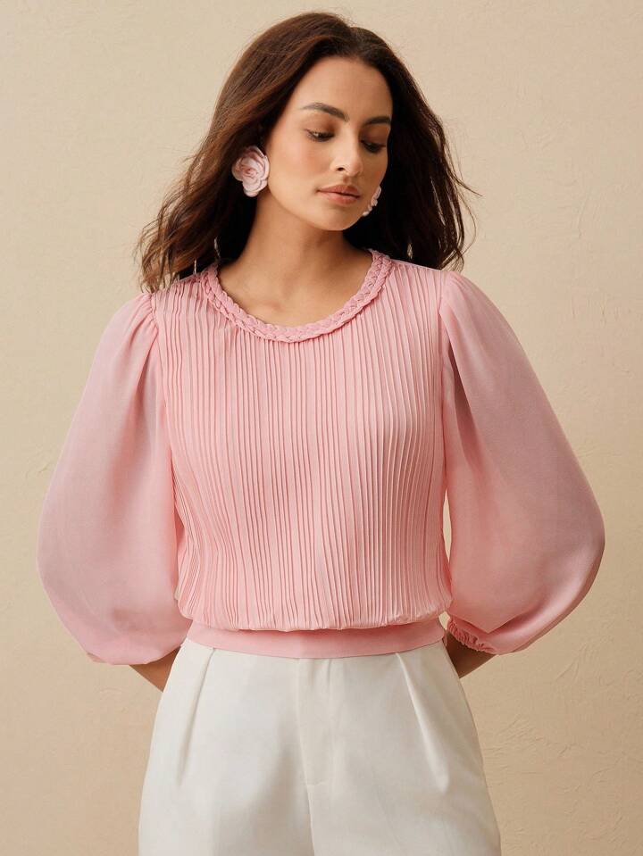 CM-TS771066 Women Elegant Seoul Style Cable Knit Round Neck Pleated Lantern Sleeve Slim Fit Blouse - Pink