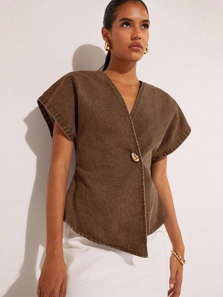 CM-TS555848 Women Casual Seoul Style Single-Button V-Neck Batwing Sleeve Denim Blouse - Brown