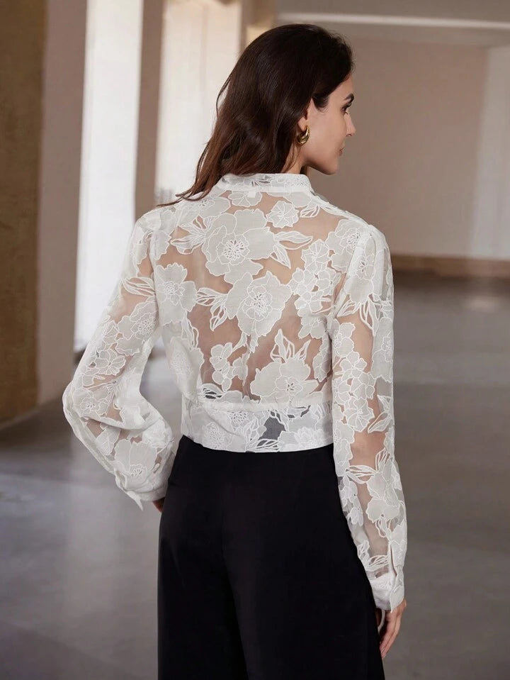 CM-TS600717 Women Elegant Seoul Style V-Neck Sheer Geometric Long Sleeve  Blouse - White