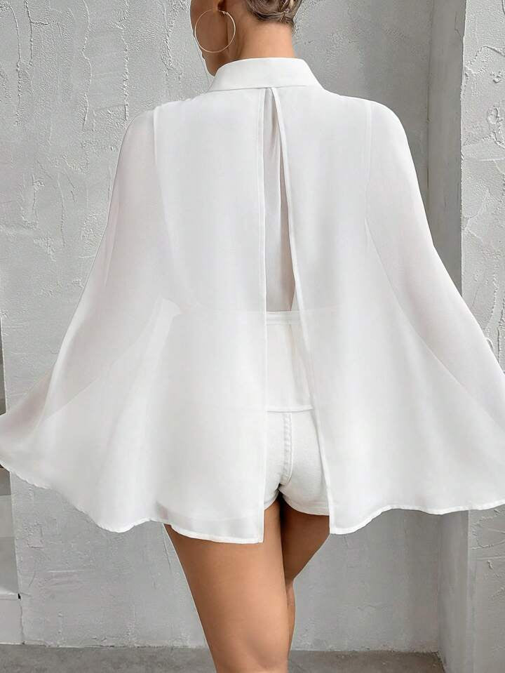 CM-TS417751 Women Elegant Seoul Style Colar Neckline Cloak Sleeve Pleated Shirt - White