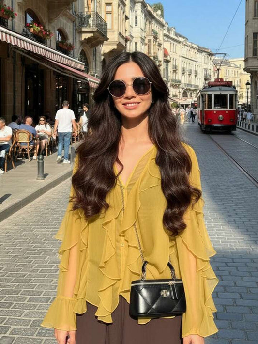 CM-TS956395 Women Casual Seoul Style V-Neck Solid Color Layered Ruffle Trim Long Sleeve Blouse - Yellow