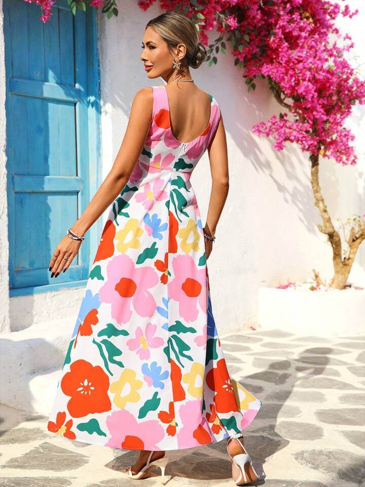 CM-DS611174 Women Trendy Bohemian Style Floral Print Square Neck Sleeveless High Waist Long Dress