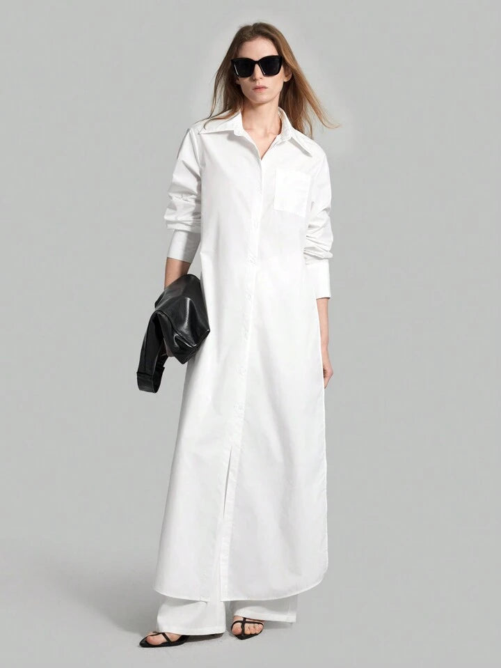 CM-TS859922 Women Casual Seoul Style Shirt Collar Long Sleeve Front Button High Slit Long Shirt - White