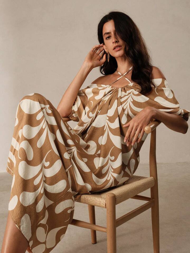 CM-DS627471 Women Trendy Bohemian Style Printed Pleated Backless Maxi Dress - Coffee