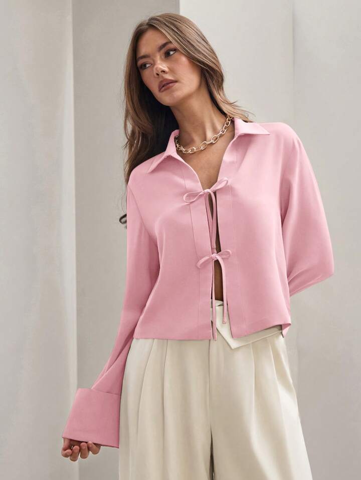 CM-TS885573 Women Trendy Bohemian Style Shirt Collar Front Tie Long Sleeve Shirt - Pink