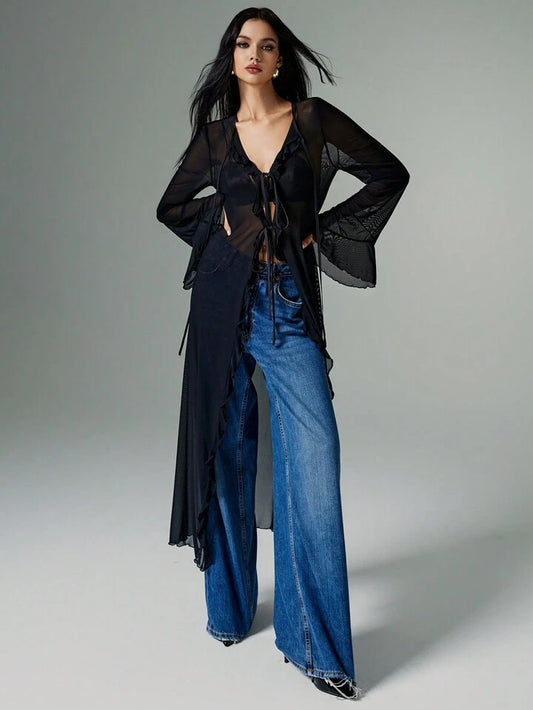 CM-TS810238 Women Casual Seoul Style Solid Color Ruffle Mesh Flare Sleeve Front Tie Long Shirt - Black