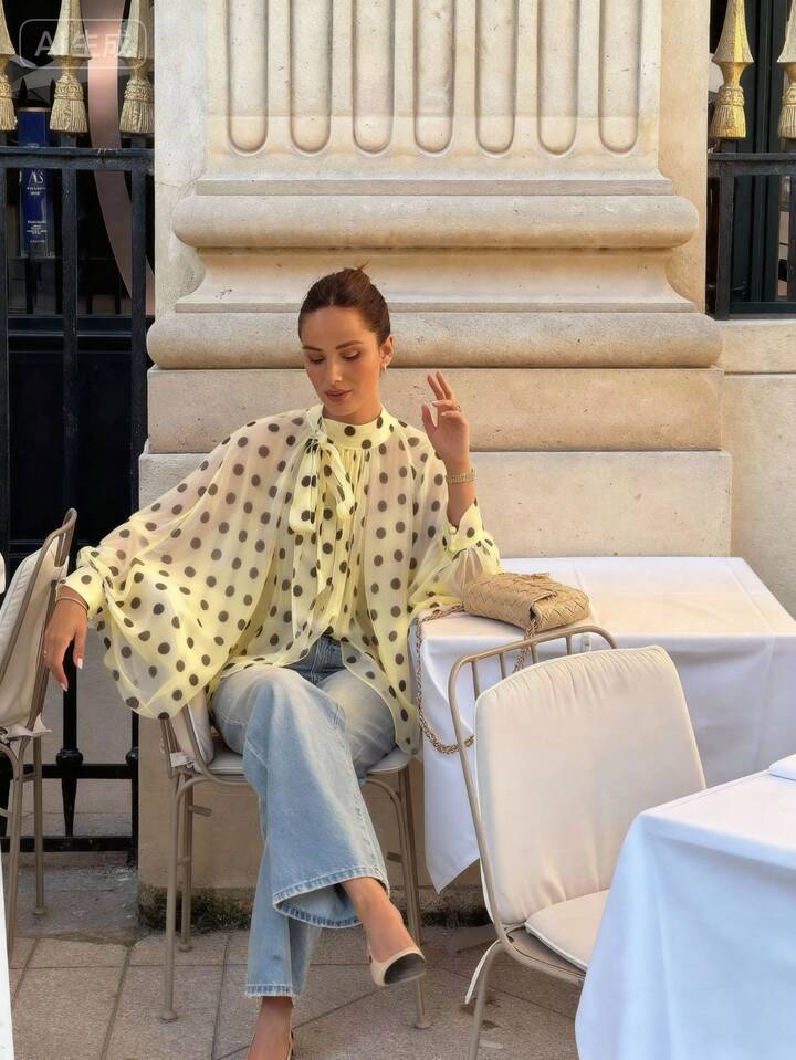 CM-TS430279 Women Elegant Seoul Style Bowknot Lantern Sleeve Polka Dot Pattern Pleated Blouse - Yellow