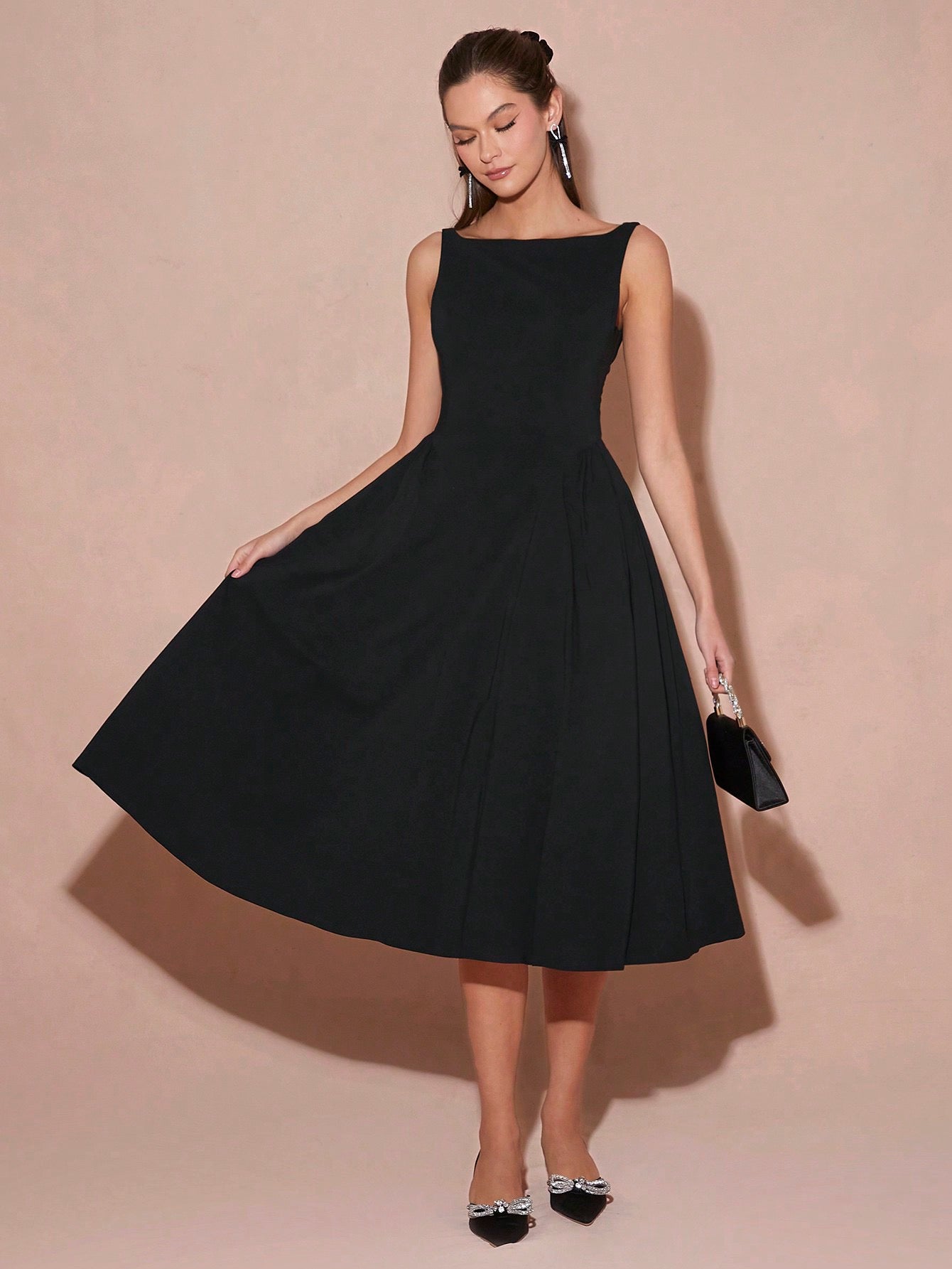 CM-DS132233 Women Elegant Seoul Style Boat Neck Sleeveless Backless A-Line Long Dress - Black