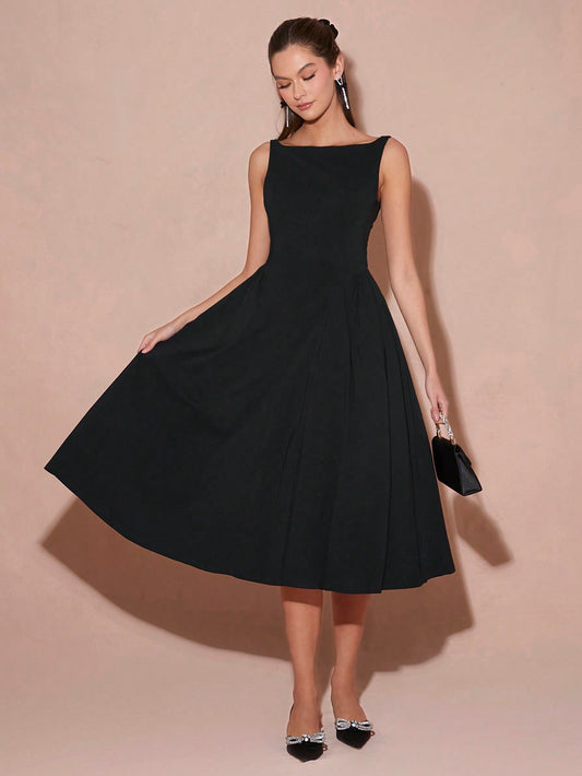 CM-DS132233 Women Elegant Seoul Style Boat Neck Sleeveless Backless A-Line Long Dress - Black