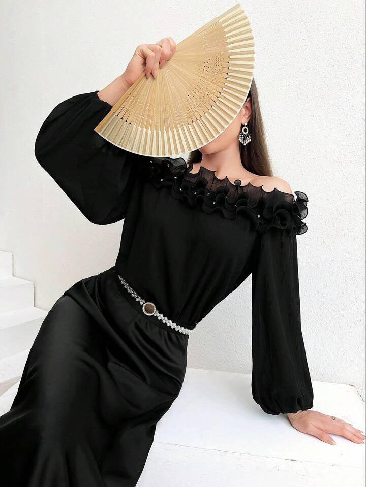 CM-TS769976 Women Elegant Seoul Style Lantern Sleeve Off Shoulder Frill Top - Black