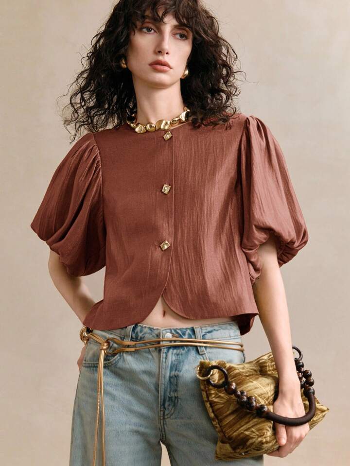 CM-TS081754 Women Elegant Seoul Style Satin Round Neck Puff Sleeve Golden Metal Button Decor Blouse - Maroon
