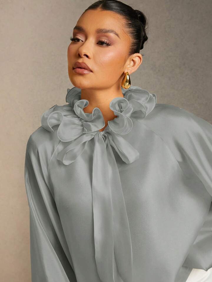 CM-TS726254 Women Elegant Seoul Style Solid Color Ruffle Trim Tie Neck Lantern Sleeve Blouse - Silver