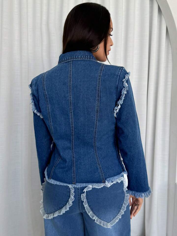 CM-CS555822 Women Casual Seoul Style Patchwork Frayed Edge Long Sleeve Front Tie Denim Jacket