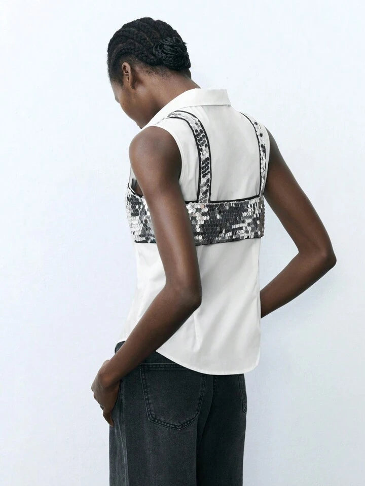 CM-TS313100 Women Casual Seoul Style Beaded Spaghetti Strap Top And Tank Blouse - Set