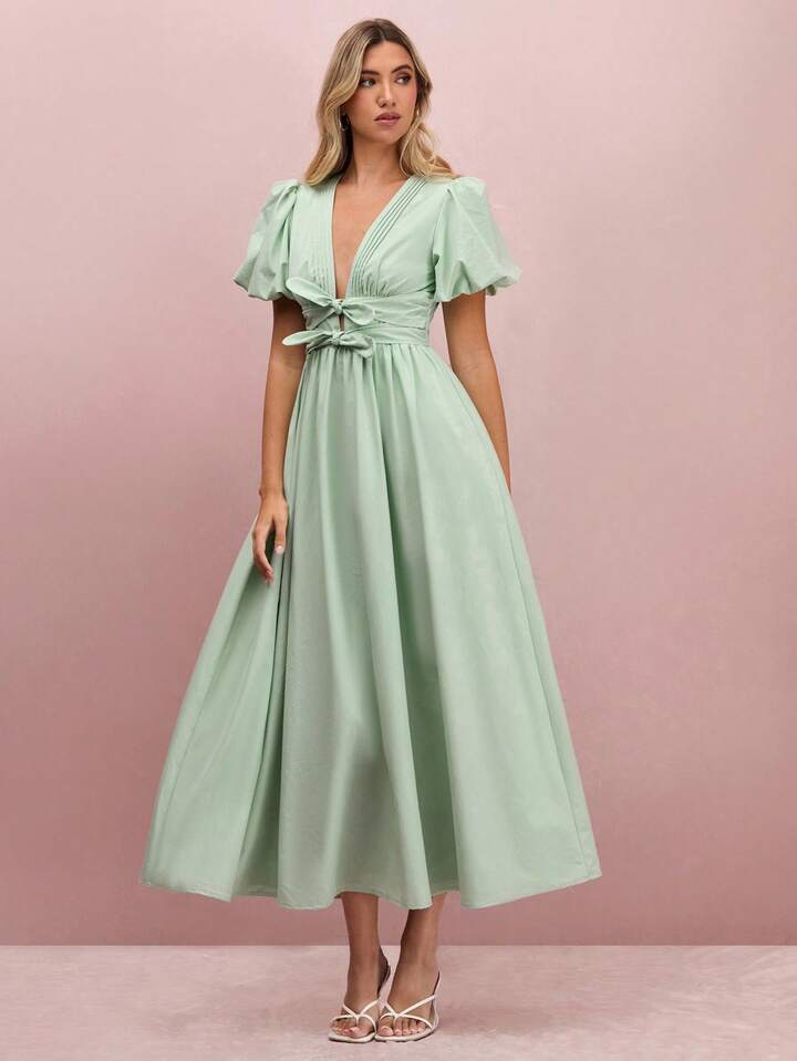 CM-DS406945 Women Elegant Seoul Style Pleated V-Neck Puff Sleeve Bowknot Maxi Dress - Mint Green