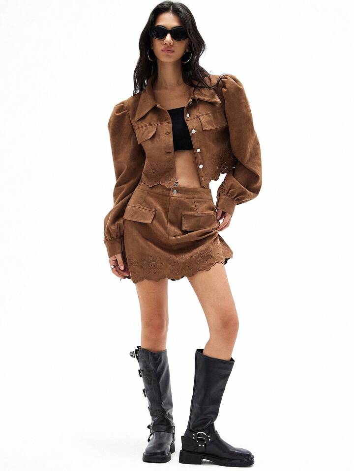 CM-SS666861 Women Elegant Seoul Style Floral Embroidery Faux Suede Puff Sleeve Cargo Jacket With Skirt - Set