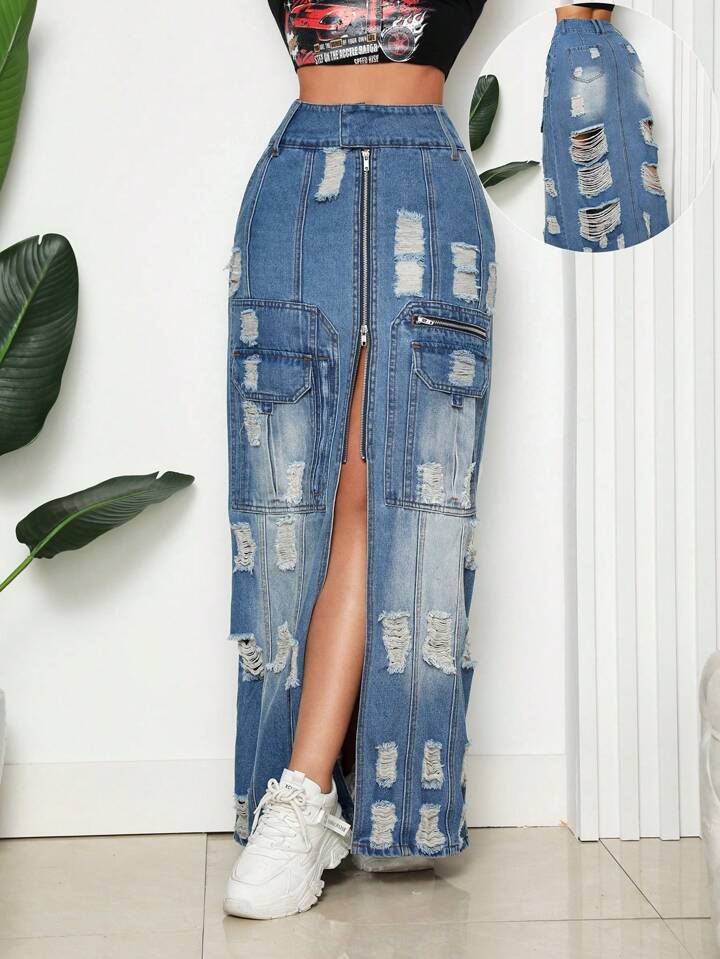 CM-BS238335 Women Casual Seoul Style Medium Wash Ripped Spit Thigh Denim Skirt