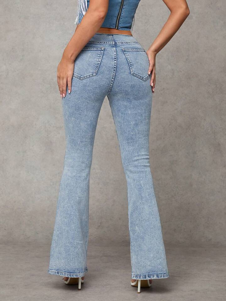 CM-BS633000 Women Casual Seoul Style Medium Wash Skinny Stretchy Flared Denim Jeans