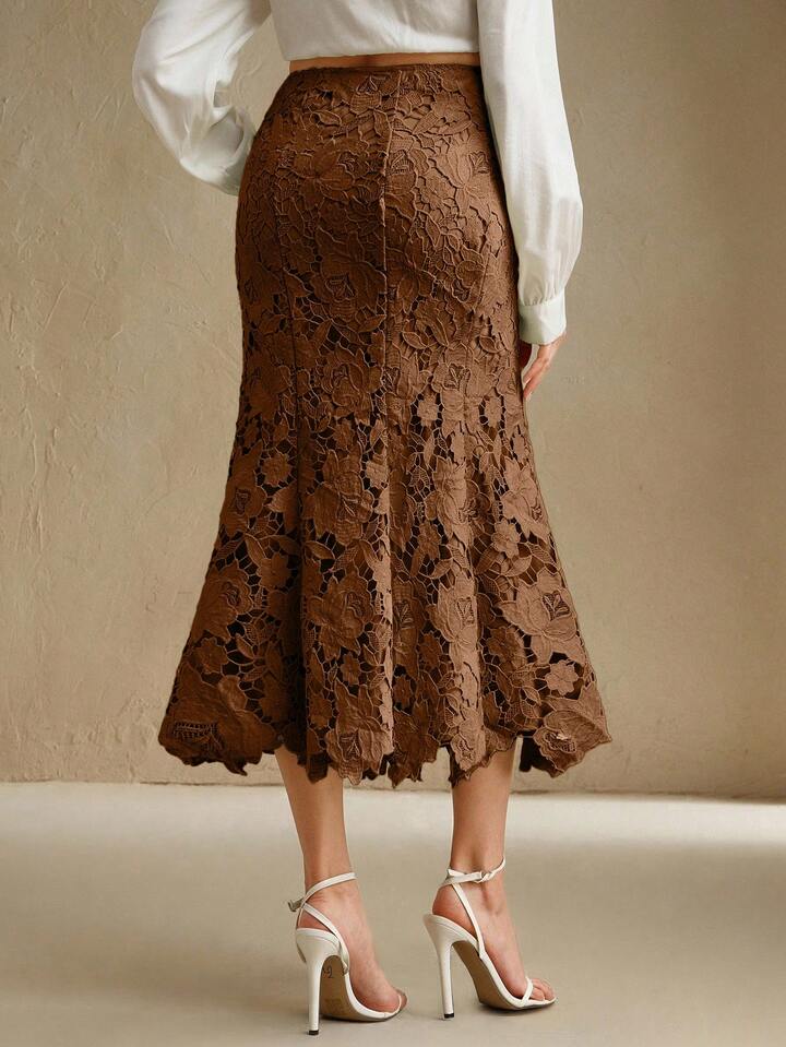 CM-BS325808 Women Elegant Seoul Style Mid Waist Patchwork Design Lace Hollow-Out Midi Skirt - Coffee Brown