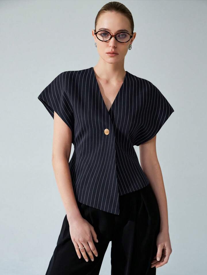 CM-TS891692 Women Casual Seoul Style V-Neck Open Front Asymmetrical Hemline Sleeveless Blouse
