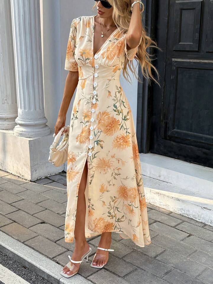 CM-DS434878 Women Casual Seoul Style Deep V-Neck Short Sleeve Waisted Printed High Waist Midi Dress