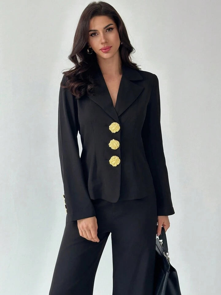 CM-SS144491 Women Elegant Seoul Style Lapel Neckline Front Button Long Sleeve Blouse With Long Pants Suit - Black