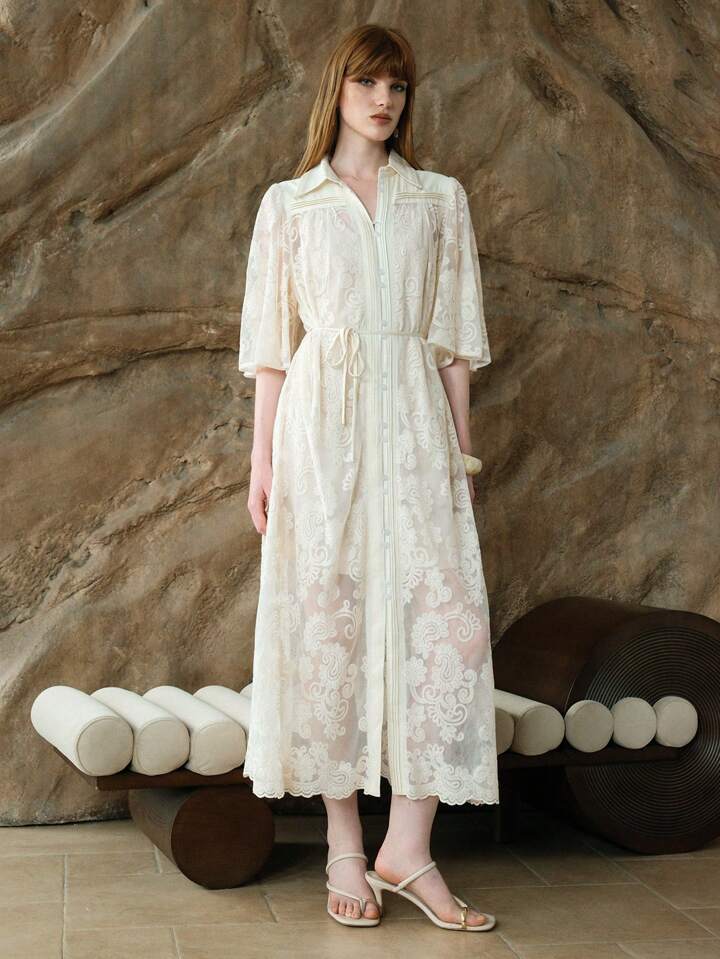 CM-DS317369 Women Trendy Bohemian Style Floral Jacquard Collar Neckline Half Sleeve High Waist Shirt Dress