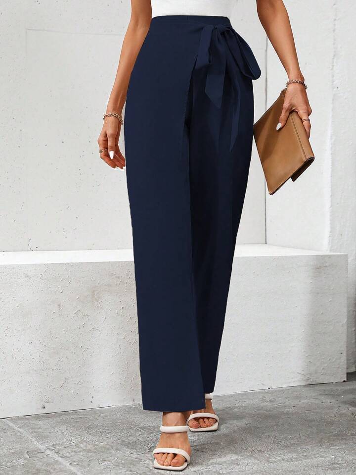 CM-BS571516 Women Casual Seoul Style High Waist Knot Side Pants - Navy Blue