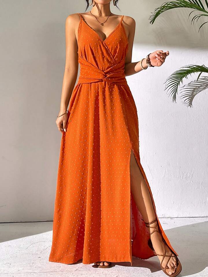 CM-DS898009 Women Trendy Bohemian Style Twist Knot High Slit Strappy Dress - Burnt Orange