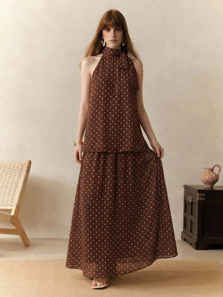 CM-SS926927 Women Trendy Bohemian Style Chiffon Polka Dot Print Sleeveless Halter Neck Top With Skirt - Set