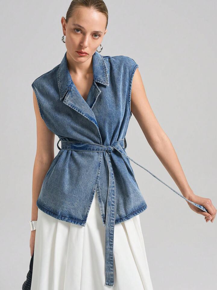 CM-TS292467 Women Casual Seoul Style Dark Wash Waterfall Neckline Sleeveless Denim Vest With Removable Belt