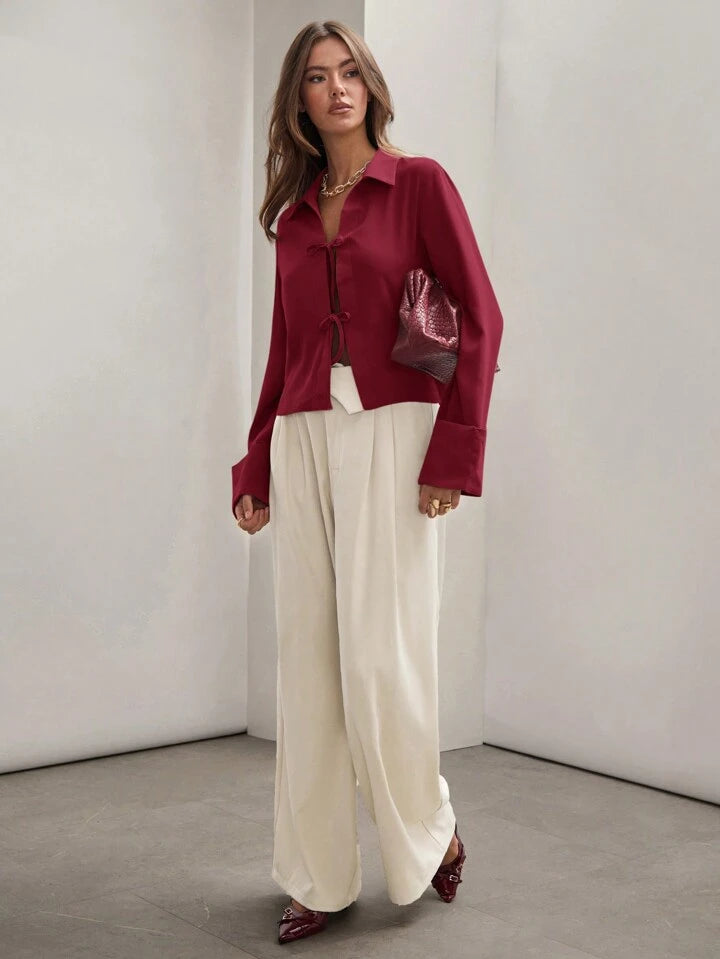 CM-TS803598 Women Trendy Bohemian Style Shirt Collar Front Tie Long Sleeve Shirt - Burgundy