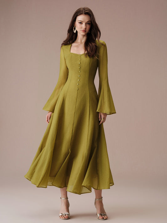 CM-DS291710 Women Elegant Seoul Style Pleated Waist-Cinching Front Button Flared A-Line Ruffle Hem Long Dress