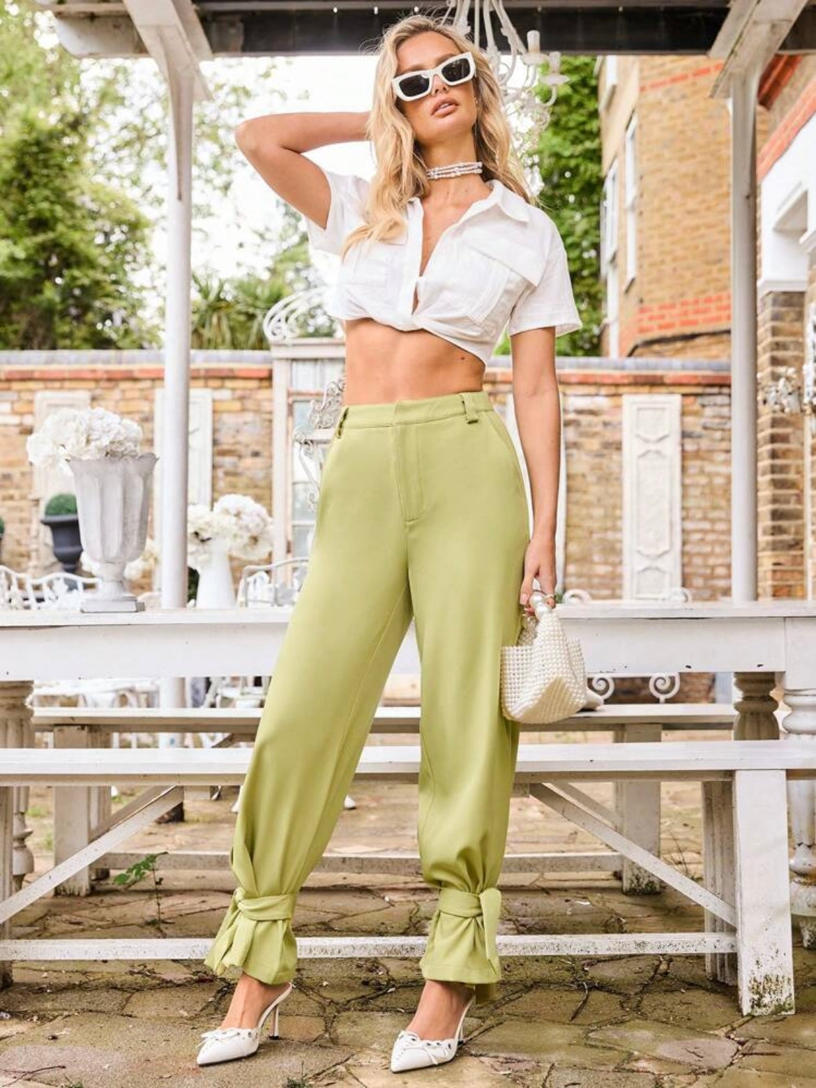 CM-BS475175 Women Casual Seoul Style Tie Waist Jogger Straight Leg Pants - Green