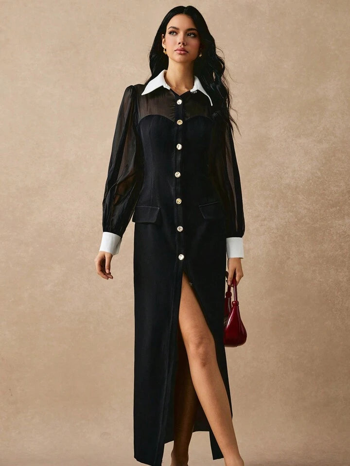 CM-DS490569 Women Elegant Seoul Style Color Block Button Front Long Sleeve Maxi Dress - Black