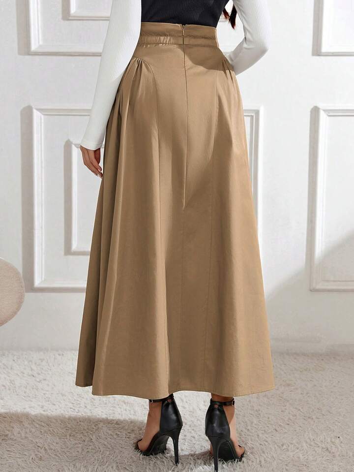 CM-BS236107 Women Elegant Seoul Style Button Decorated Pleated Skirt - Khaki