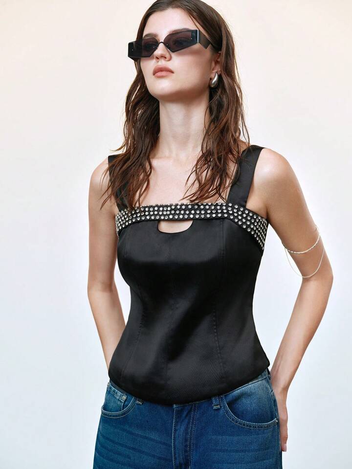 CM-TS169119 Women Casual Seoul Style Straps Sleeveless Hollow Rhinestone Decor Satin Tank Top - Black