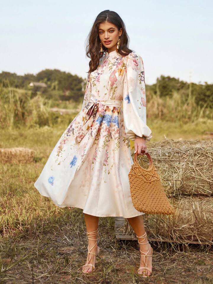 CM-DS866520 Women Trendy Bohemian Style Floral Print Long Sleeve Belted Dress