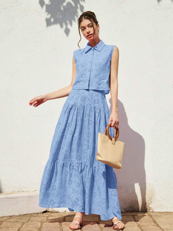 CM-SS287707 Women Casual Seoul Style Shirt Collar Sleeveless Loose Blouse With Ruched Maxi A-Line Skirt - Set