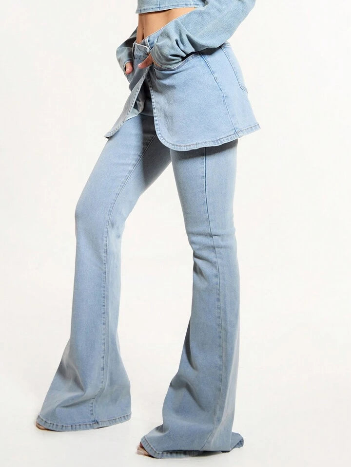 CM-BS053397 Women Casual Seoul Style Drop Waist Denim Skirt Layered Flared Jeans - Blue