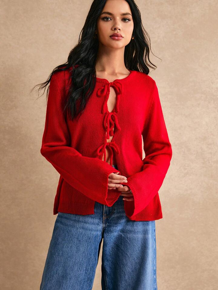 CM-CS933231 Women Casual Seoul Style Solid Color Front Tie Long Sleeve Cardigan - Red