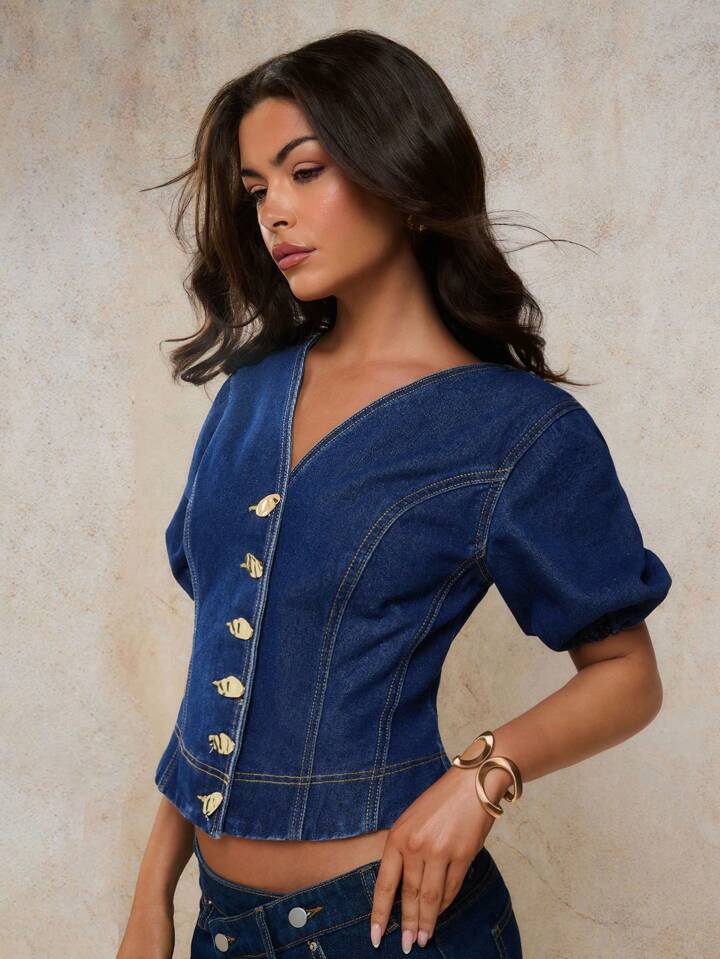 CM-TS734061 Women Casual Seoul Style V-Neck Puff Sleeve Metal Button Decor Crop Top - Blue
