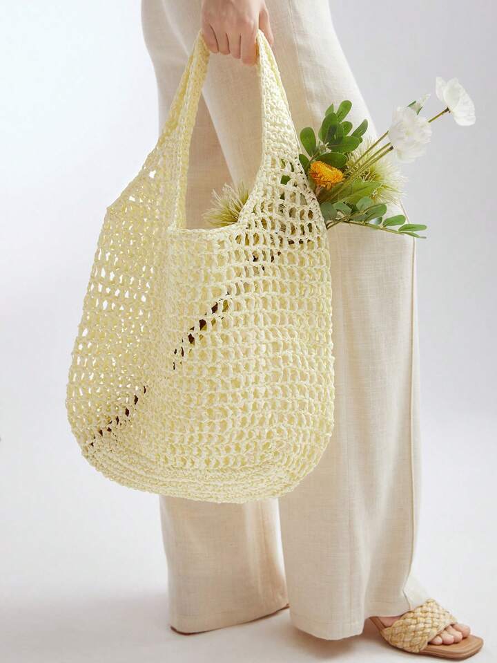CM-BGS767660 Women Trendy Seoul Style Oversized Straw Tote Bag - White
