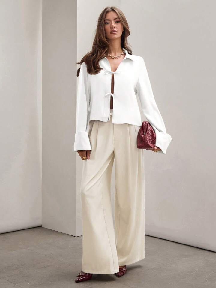 CM-TS833170 Women Trendy Bohemian Style Shirt Collar Front Tie Long Sleeve Shirt - White